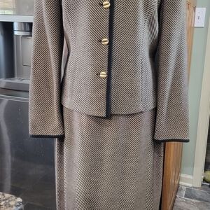 St John Herringbone Skirt Suit with Gold Buttons